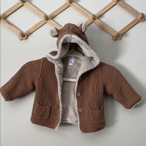 GAP Brown Knit Baby Hooded Jacket with Faux Shearling